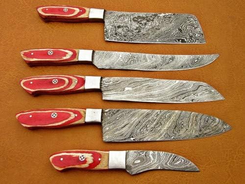 5 piece knife set with red and tan handles on leather background