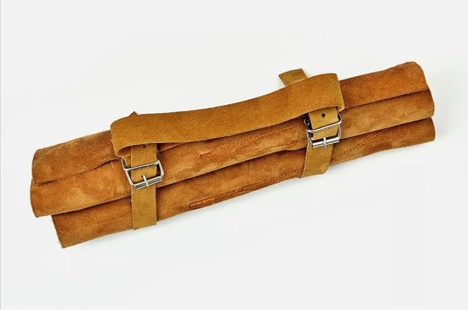 Tan leather knife roll case with buckle straps