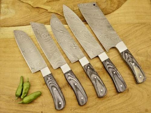 5 piece Damascus steel knife set with pakka wood handles
