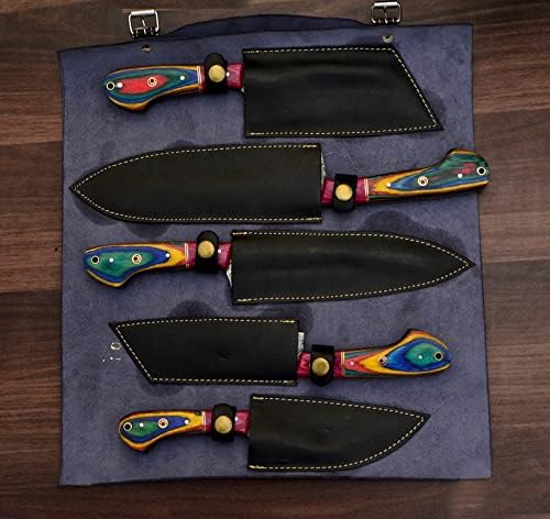 Damascus steel knives with rainbow acrylic handles and individual black leather sheaths