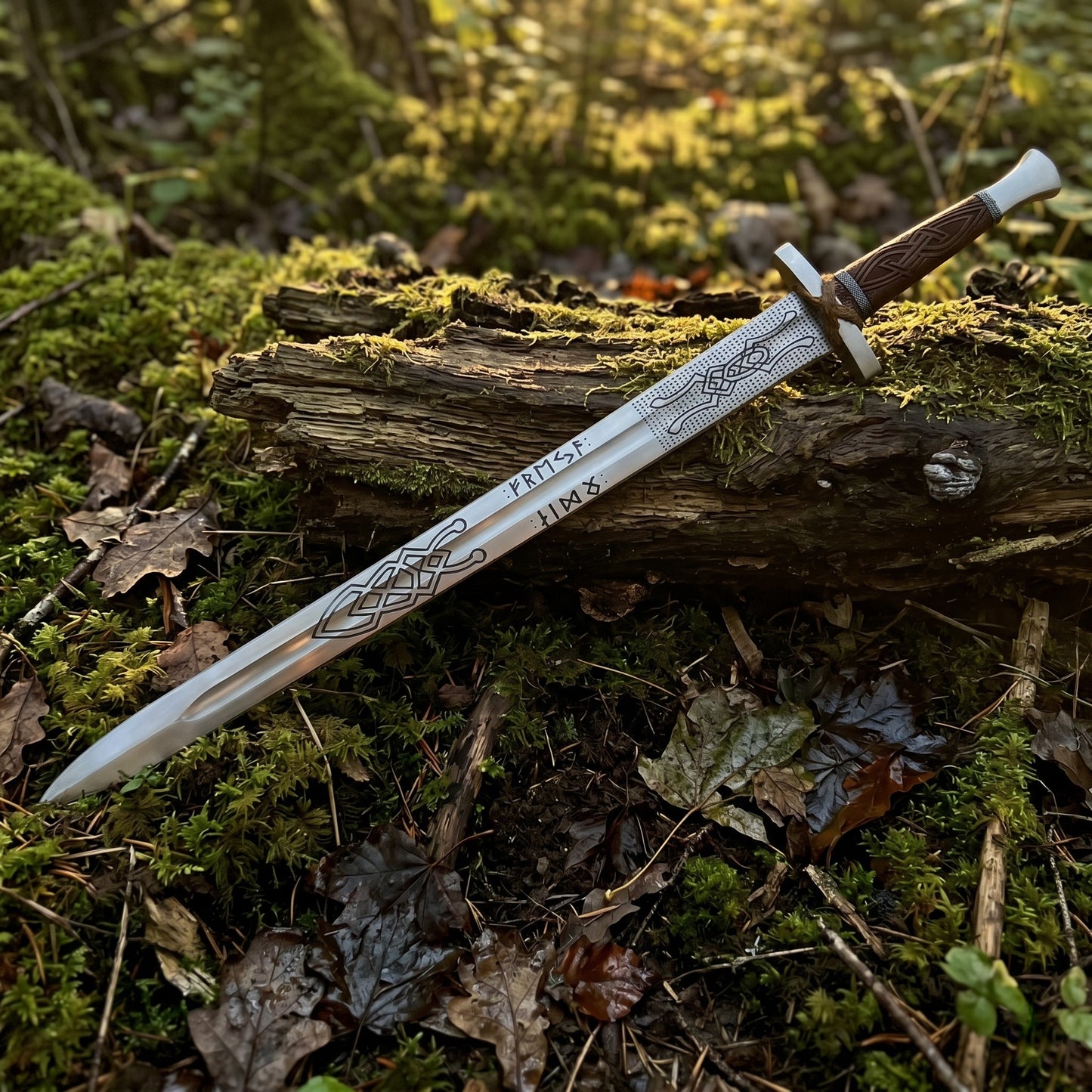 Engraved high carbon steel viking longsword, medieval norse fantasy cosplay greatsword with wood scabbard