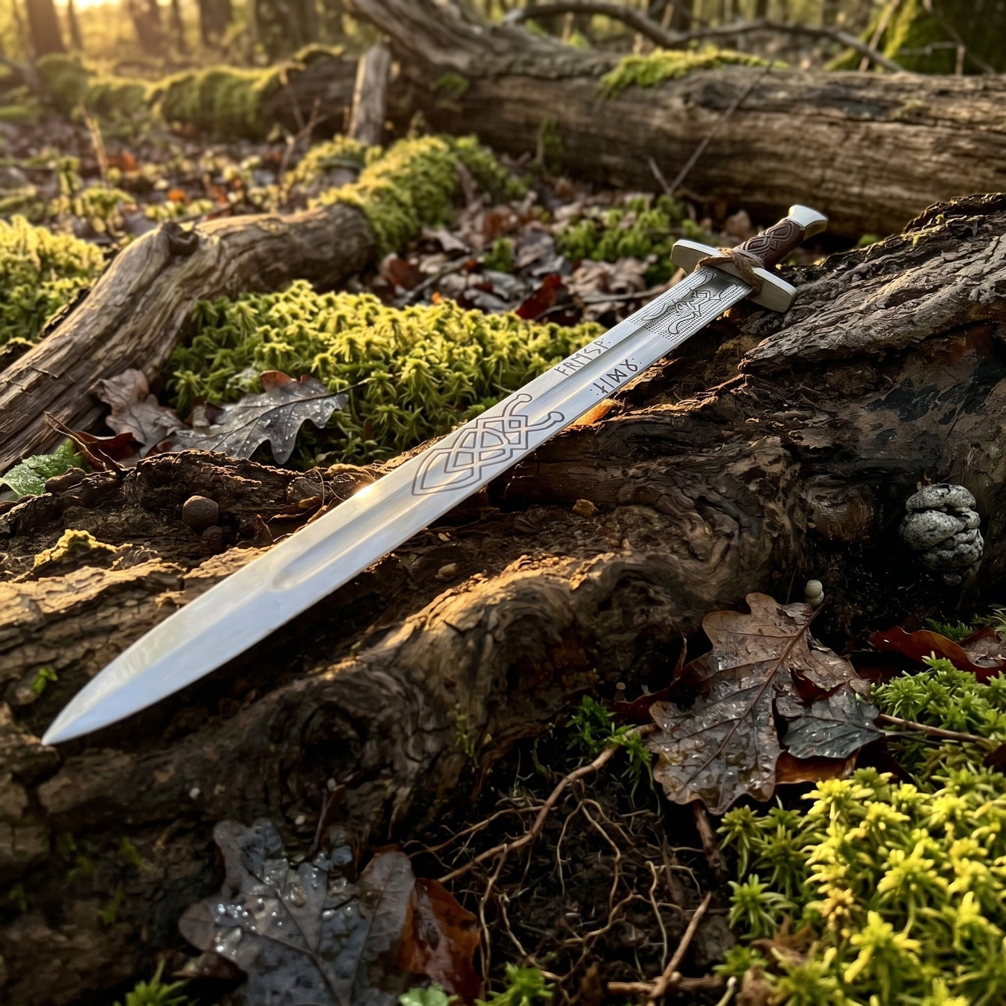 Engraved high carbon steel viking longsword, medieval norse fantasy cosplay greatsword with wood scabbard