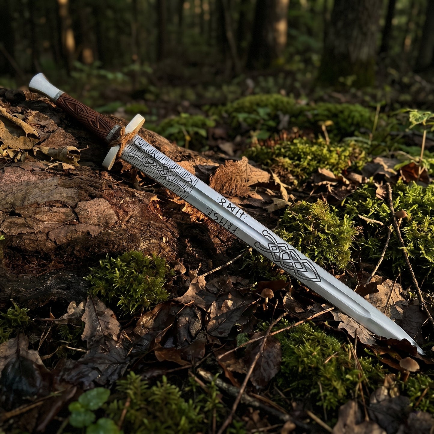 Engraved high carbon steel viking longsword, medieval norse fantasy cosplay greatsword with wood scabbard