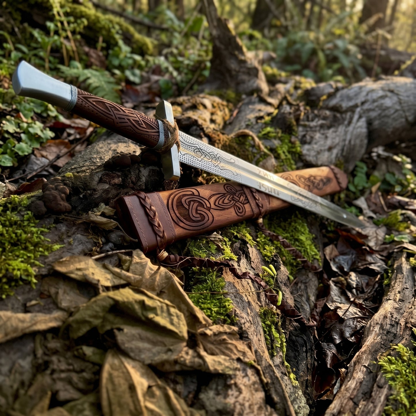 Engraved high carbon steel viking longsword, medieval norse fantasy cosplay greatsword with wood scabbard