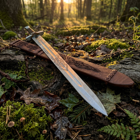 Engraved high carbon steel viking longsword, medieval norse fantasy cosplay greatsword with wood scabbard