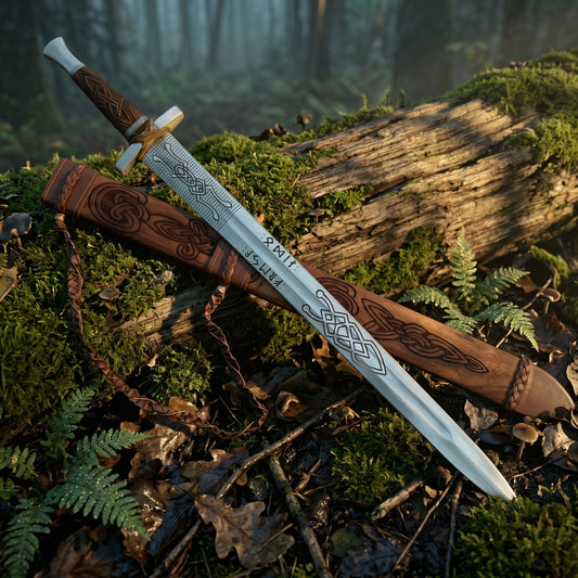 Engraved high carbon steel viking longsword, medieval norse fantasy cosplay greatsword with wood scabbard