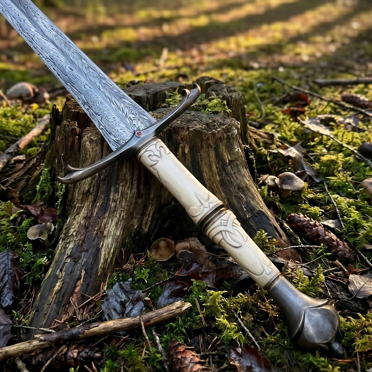 Handmade damascus steel medieval viking sword, bone handle, fantasy cosplay act longsword, personalized engraved collectible