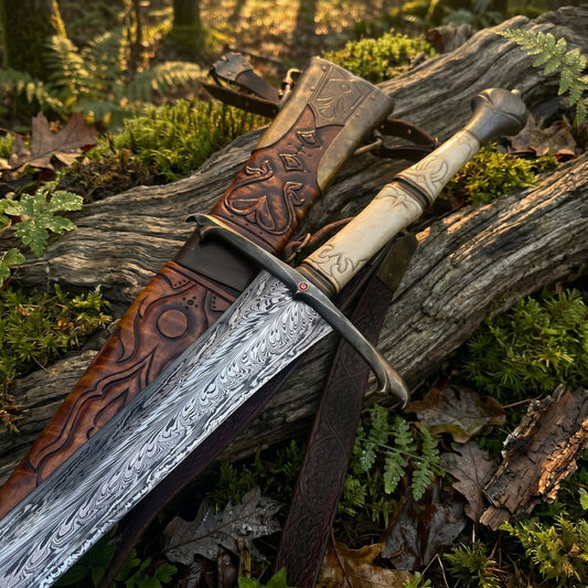 Handmade damascus steel medieval viking sword, bone handle, fantasy cosplay act longsword, personalized engraved collectible