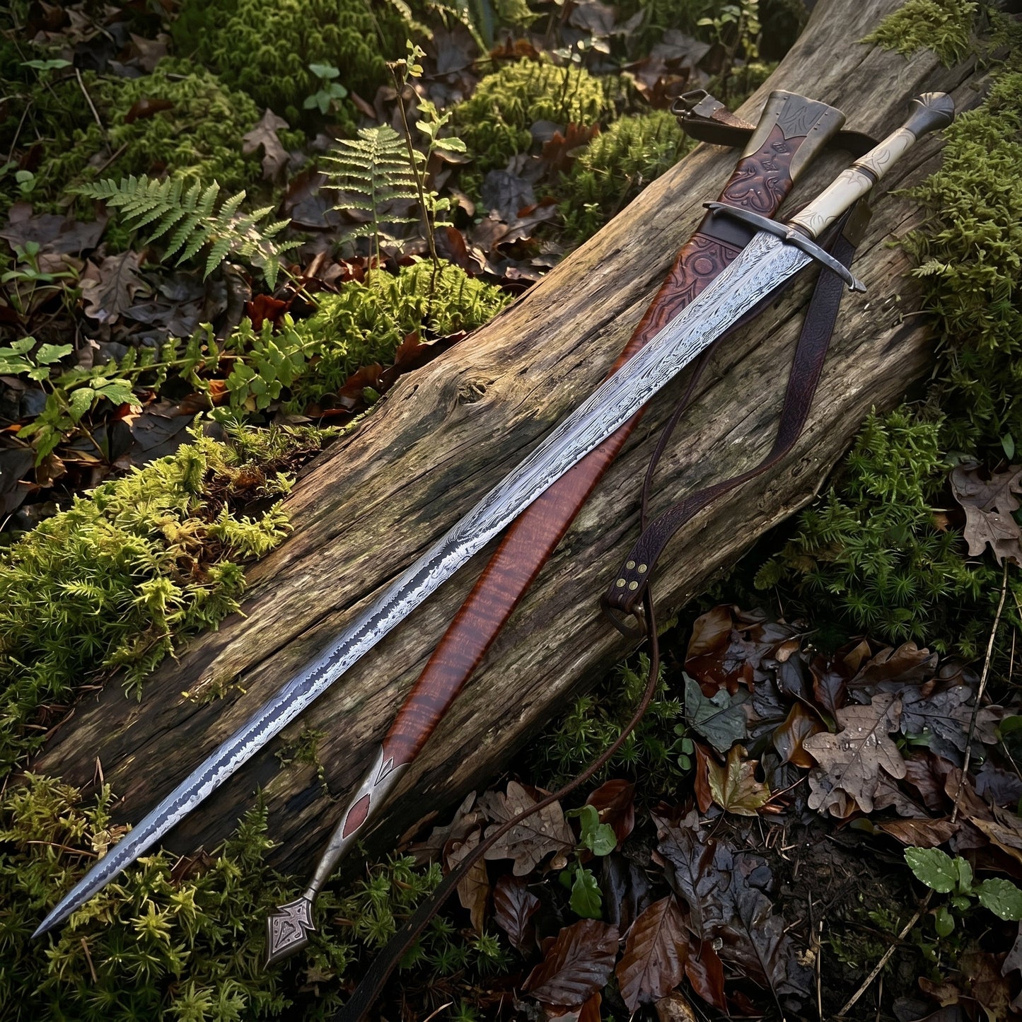 Handmade damascus steel medieval viking sword, bone handle, fantasy cosplay act longsword, personalized engraved collectible