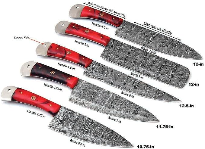 5 piece Damascus steel knife set with red and black marbled handles