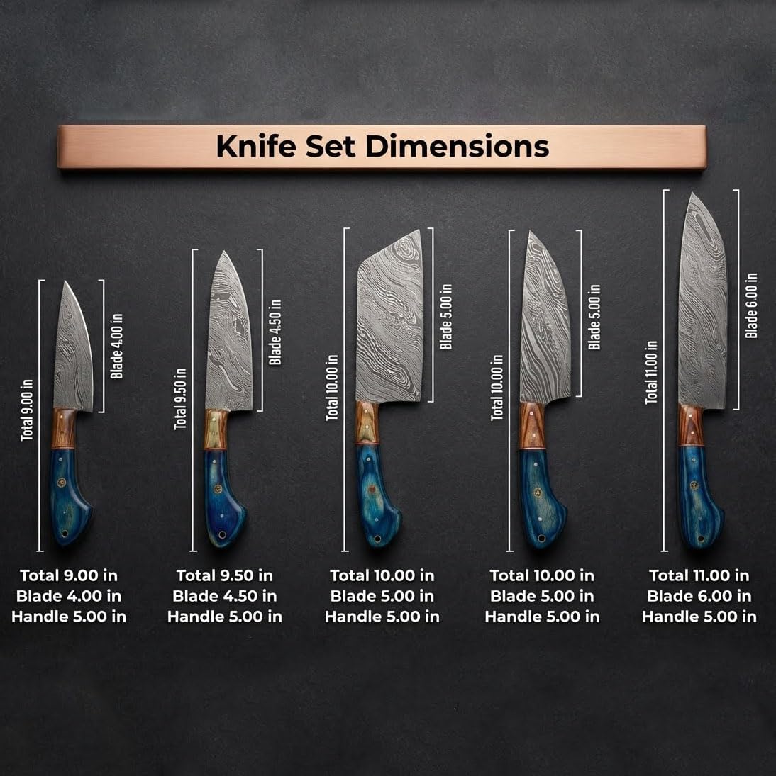 Knife set size chart listing all five Damascus knives from 9 to 11 inches overall