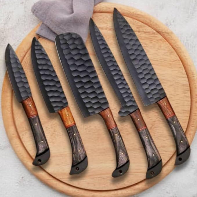 5 Pieces Damascus Steel Chef Knife Set displayed upright on round wood board with a linen cloth