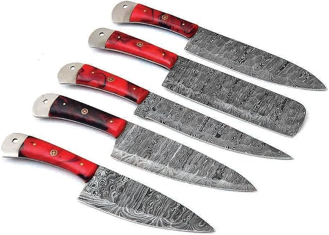 5 piece Damascus steel knife set with red and black marbled handles