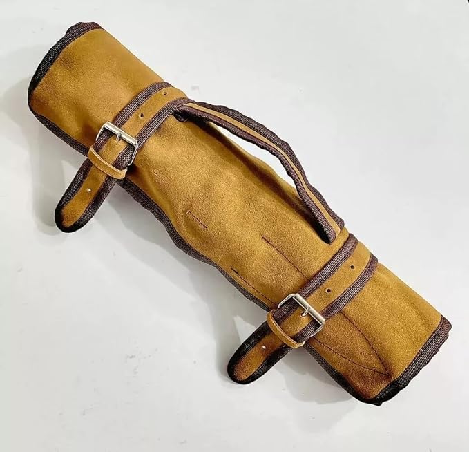 Tan leather knife roll case closed