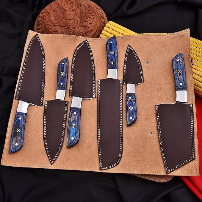 6 piece Damascus knife set in open leather case with individual sheaths