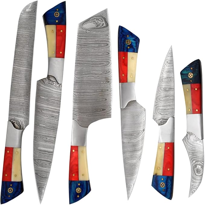 Tri color acrylic handle Damascus knives arranged in an alternating row on white background