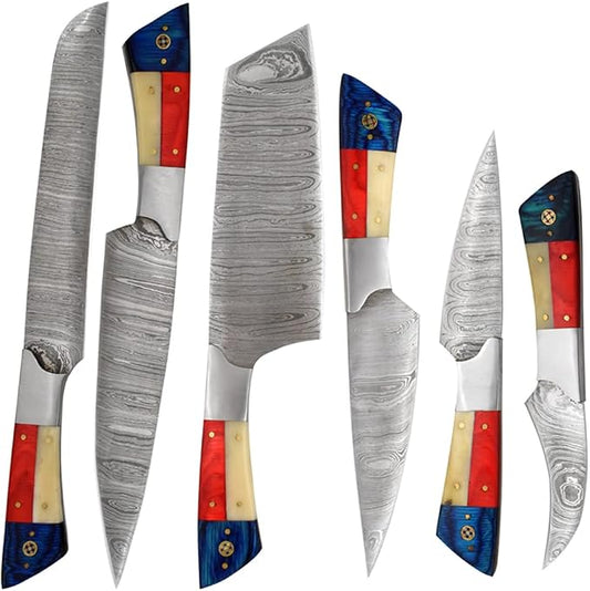 Tri color acrylic handle Damascus knives arranged in an alternating row on white background