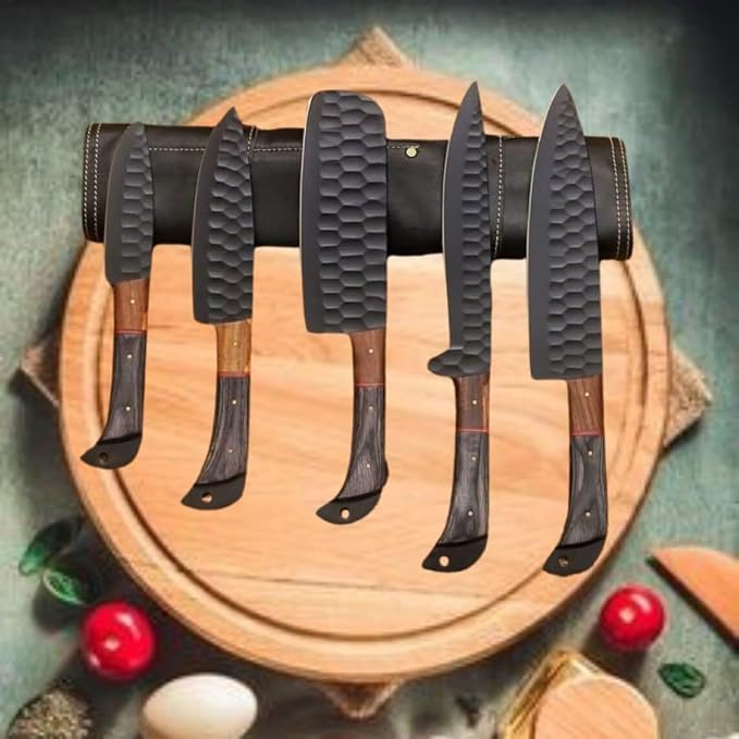 5 Pieces Damascus Steel Chef Knife Set on round wood board with its leather roll case, tomatoes and fresh bread
