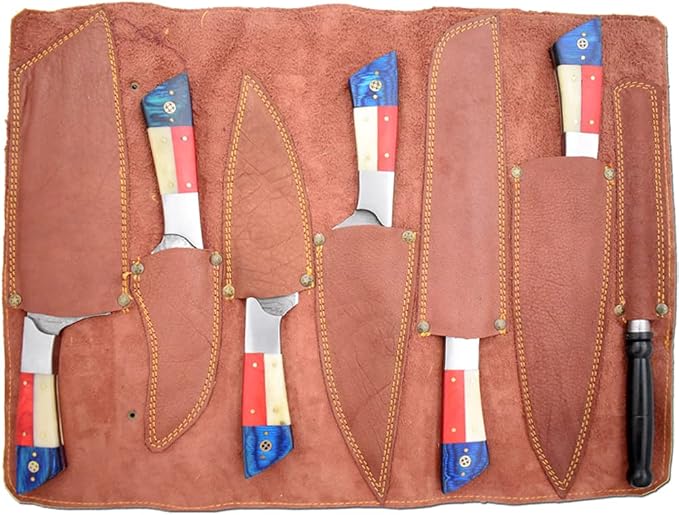Damascus steel knives and sharpening rod being arranged into the leather roll case pockets