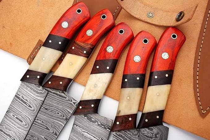 Damascus Steel Chef Knife Set handle closeup showing red wood, dark wood spacers, bone sections and mosaic pins