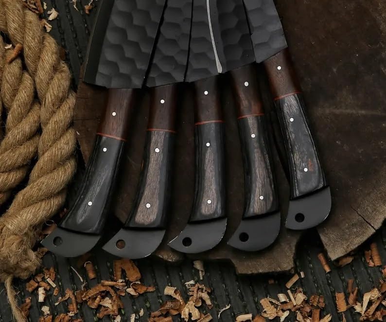 Two tone knife handles in rosewood and ebony with red spacers and drilled pommel caps