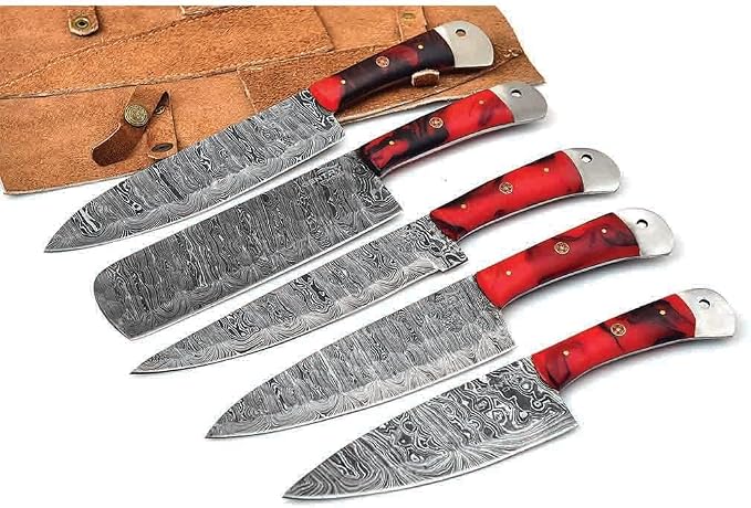 5 piece Damascus knife set with red black marbled handles and leather case