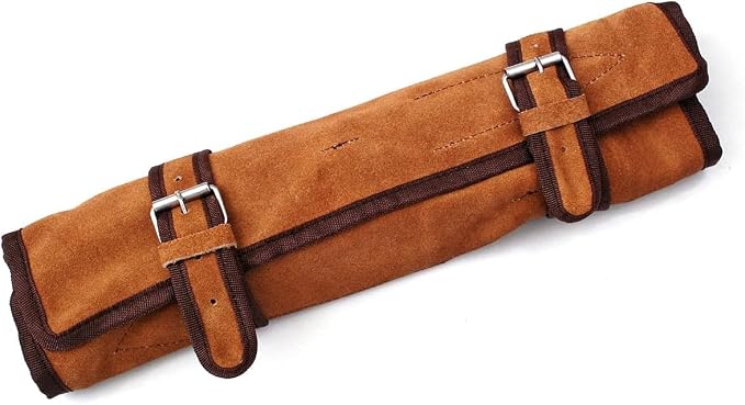 Tan leather knife roll case with buckle straps