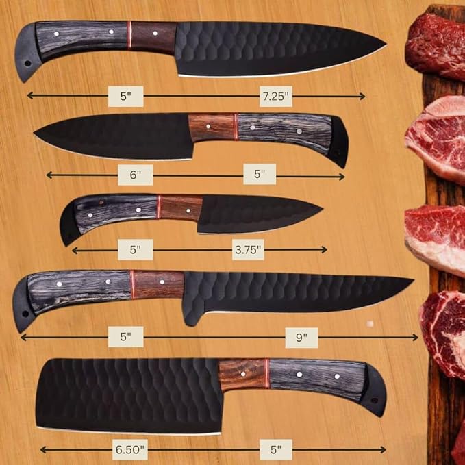 Size chart showing blade and handle lengths for each knife in the 5 Pieces Damascus Steel Chef Knife Set