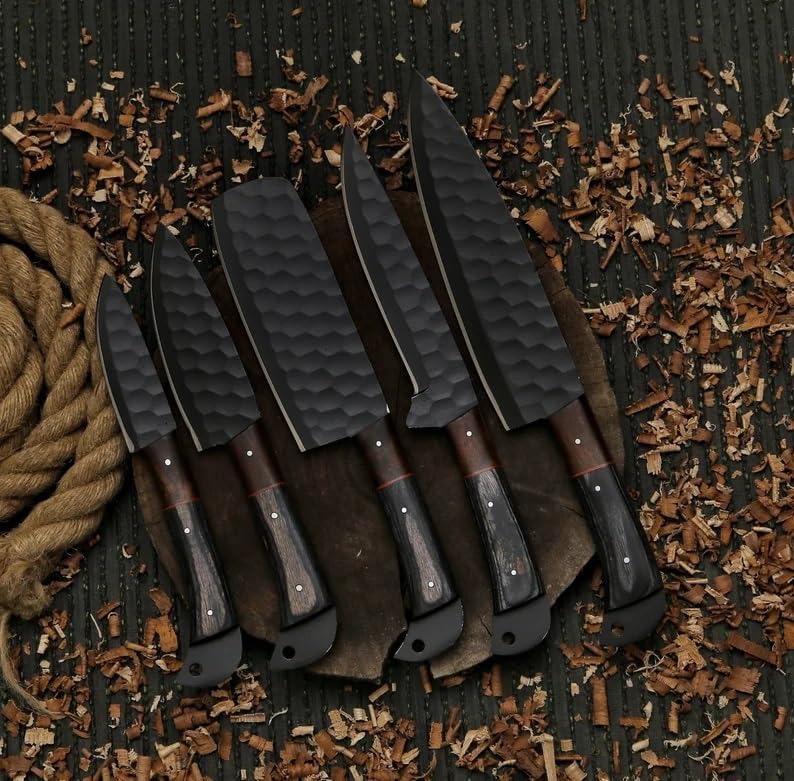 Honeycomb textured black knife blades shown against a rolled black leather knife roll