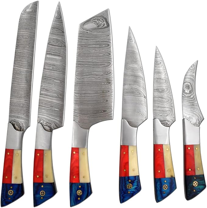 Six Damascus steel blades with tri color acrylic handles arranged in a row on white