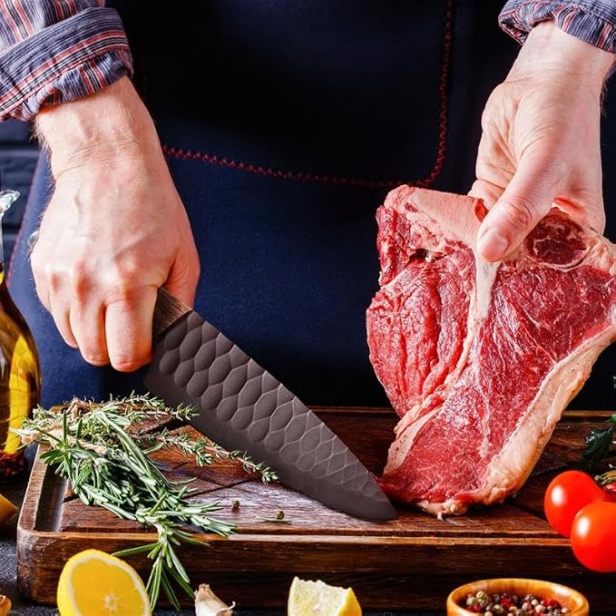 Hand slicing steak with a Damascus steel knife from the 5 piece set