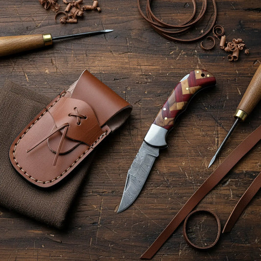 Hand-Forged Damascus Steel Pocket Knife | Olive & Red Wood Handle with Sheath & Sharpening Rod
