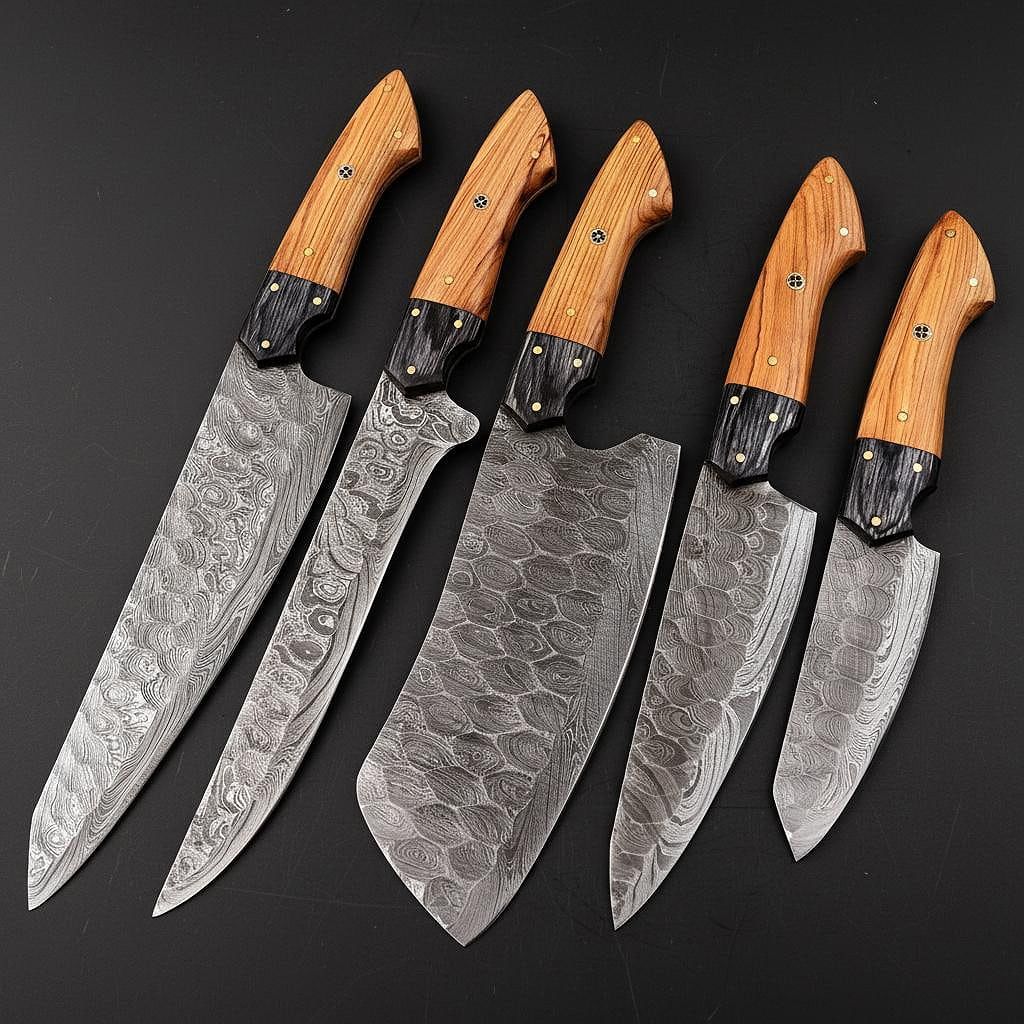 Macro detail of 512 layer hand forged Damascus steel blade featuring unique twist pattern and intricate file work.