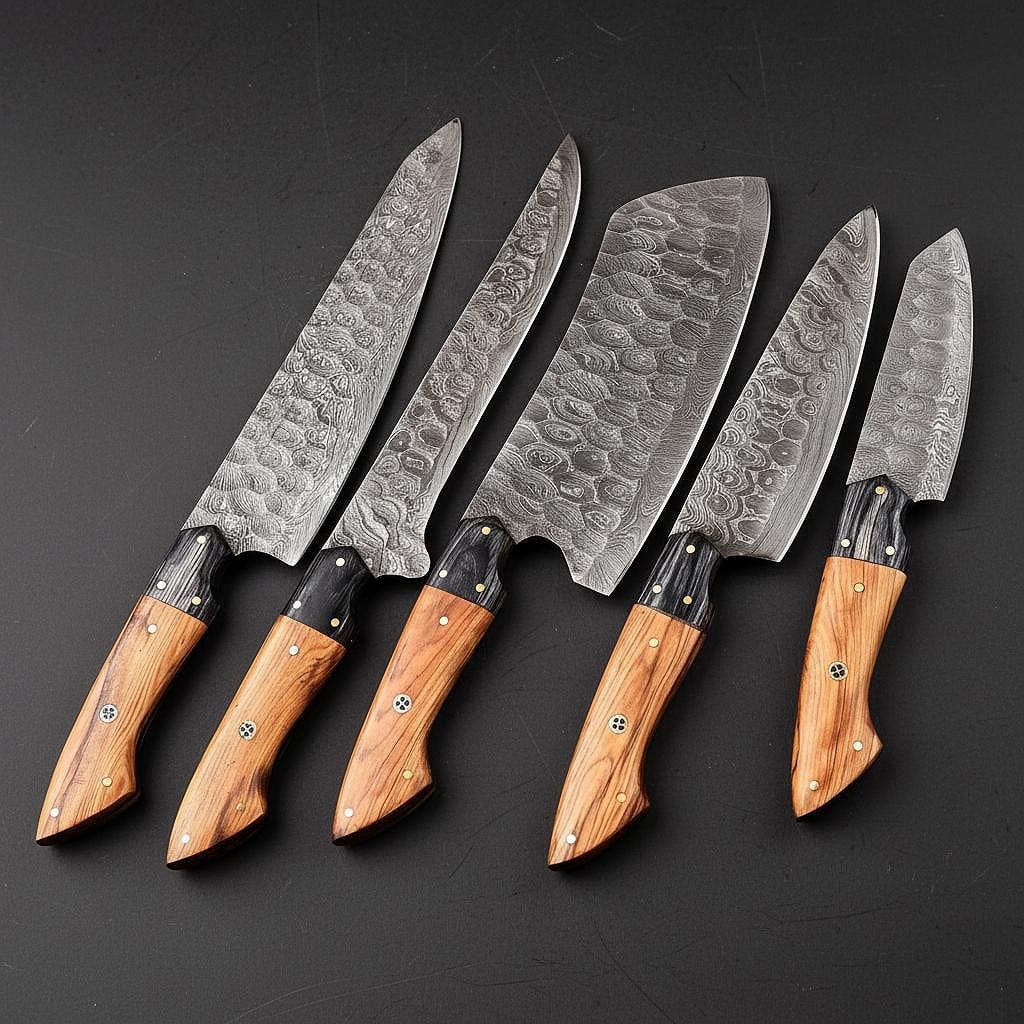 Hand forged 5 pieces Damascus steel kitchen knife set with leather storage sheath, displayed on rustic wood.