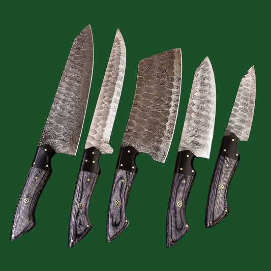 Hand forged 5 pieces Damascus steel kitchen knife set featuring elegant grey wood handles and protective leather sheaths.