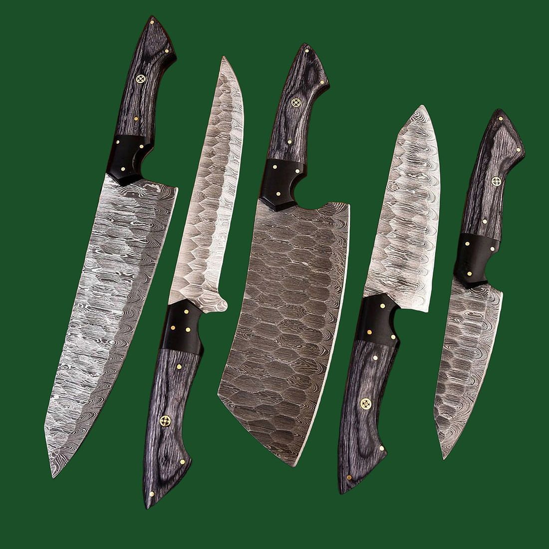 Premium Damascus steel cleaver and chef knife with ergonomic grey wood handles for precision meat prep and BBQ.