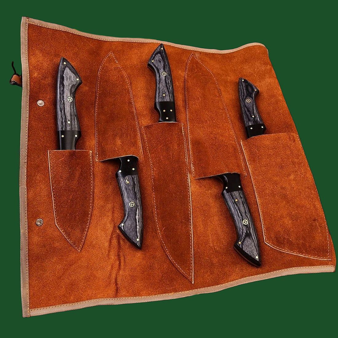 Premium handmade leather storage roll holding a complete 5 pieces Damascus kitchen knife set for safe transport.