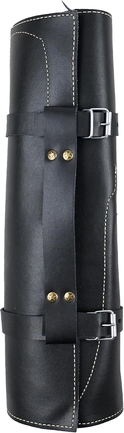Black leather roll case for 5 piece Damascus steel knife set with star rivets and buckle straps