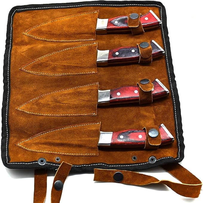 Open knife roll case showing red pakka wood handles and empty sheath pockets