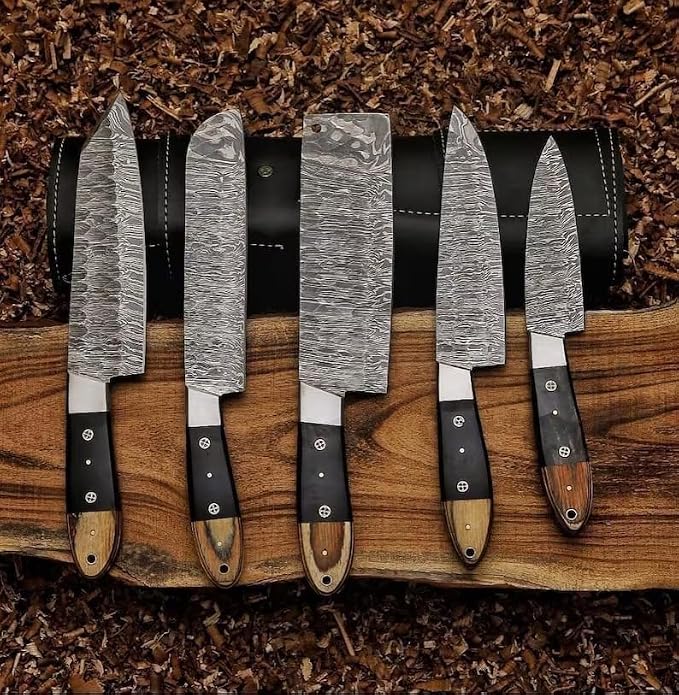 5 piece Damascus knife set with pakka wood handles and black leather case