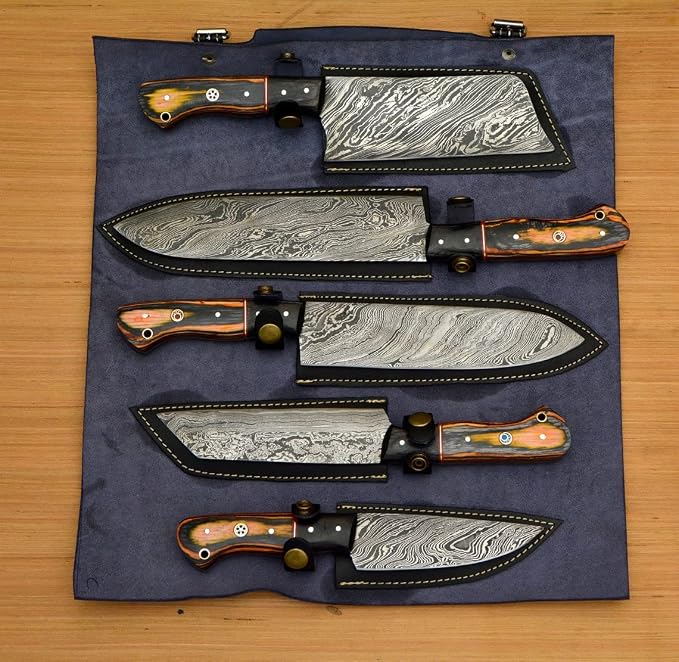 Damascus blades exposed beside black sheaths in open flat case