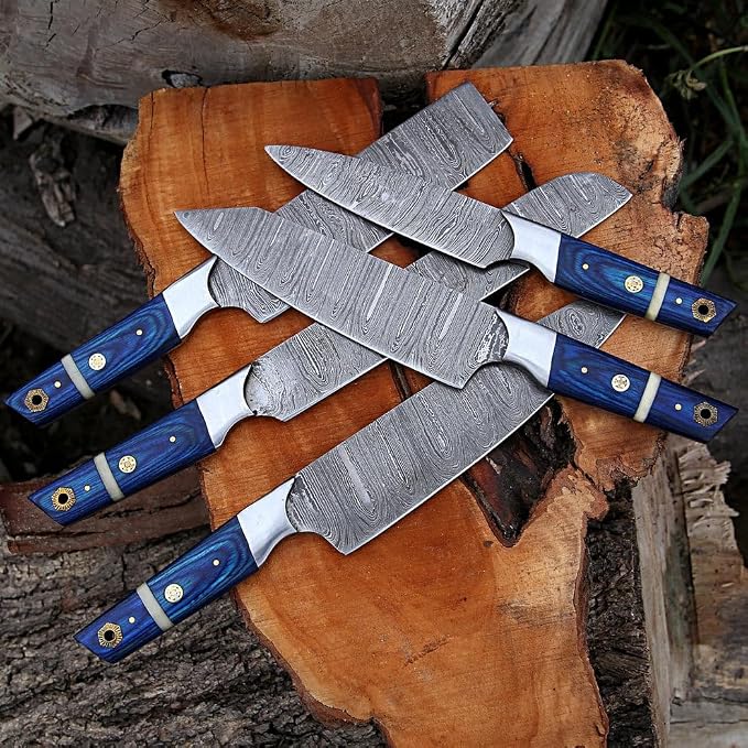 5 piece knife set with blue handles blades crossed