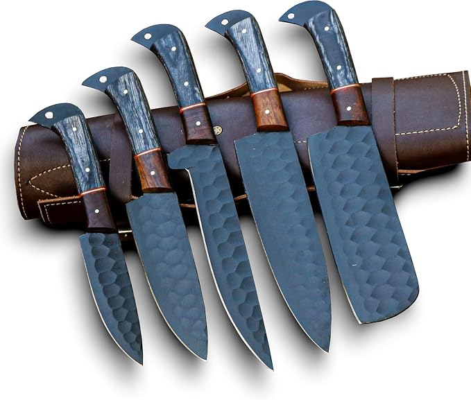 5 piece knife set with black blades on wood stump