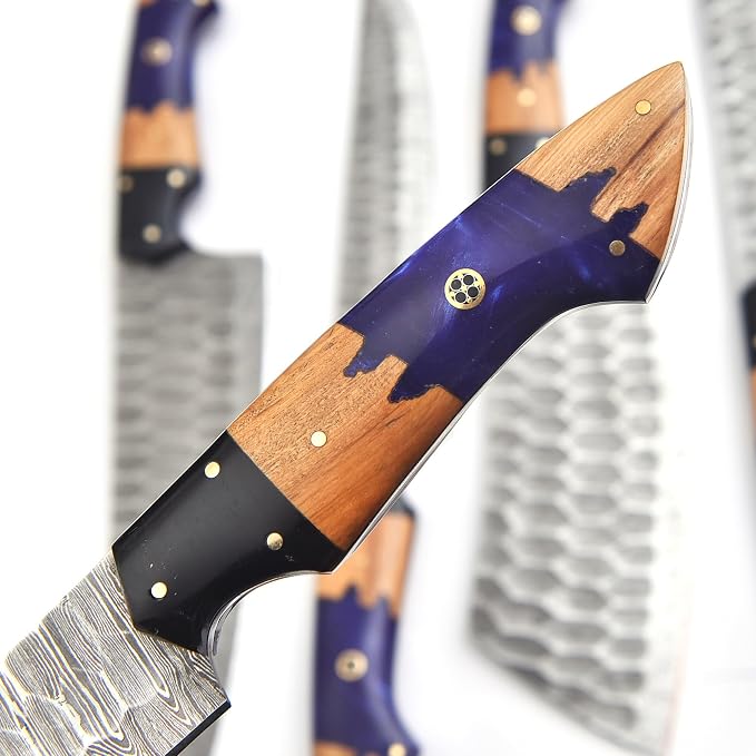 5 Pieces Damascus Knife Set, Blue Resin Handle Closeup