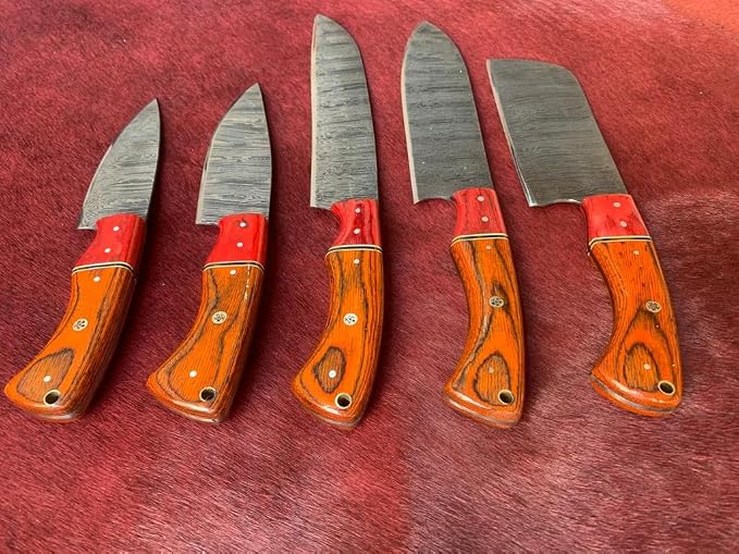 5 Pieces Damascus Knife Set, Pakkawood Handle Closeup