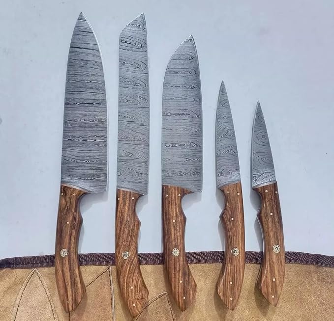 piece Damascus knife set with wood handles and leather case