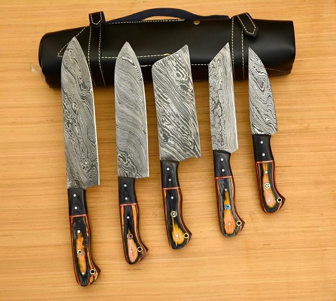 5 pakka wood handle Damascus knives fanned out with black rolled leather case