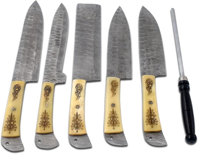 Five Damascus kitchen knives with engraved bone handles and a sharpening rod
