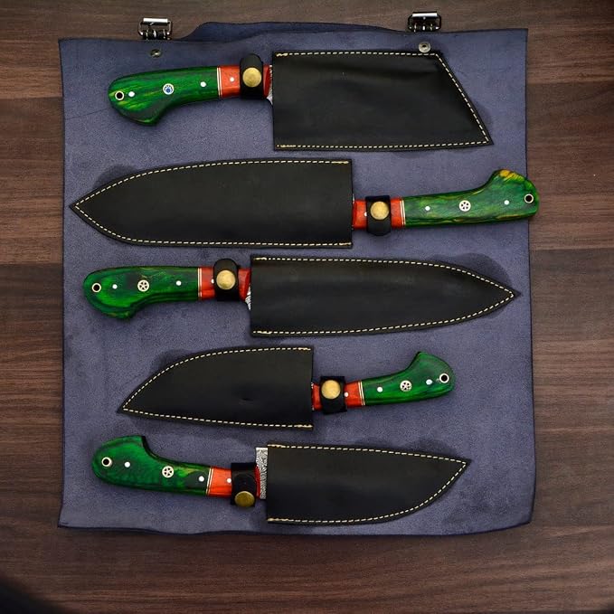 Open flat case with black sheaths and orange green pakka wood handle knives