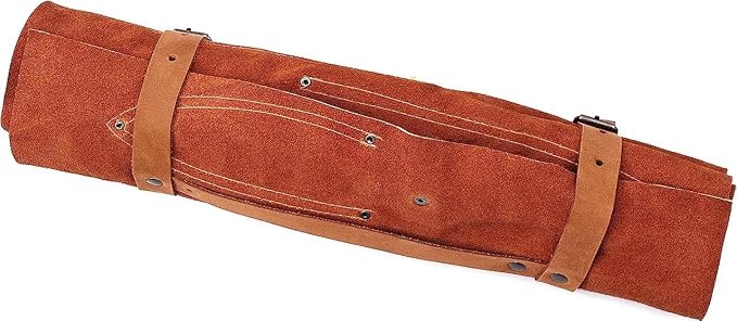 Rust leather roll knife case for the 5 Pieces Damascus Steel Chef Knife Set, shown rolled closed